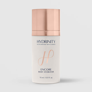 Hydrinity Encore Body Hydrator 0.5 fl oz (15ml) - white frosted bottle with rose gold pump cap
