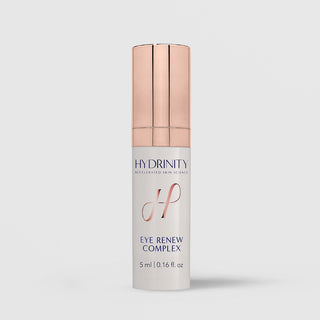 Hydrinity Eye Renew Complex 5ml travel size in white pump bottle with rose gold cap and script H logo