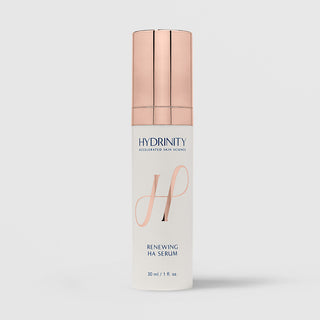 Hydrinity Renewing HA Serum 1 fl oz (30ml) - tall white bottle with rose gold pump cap