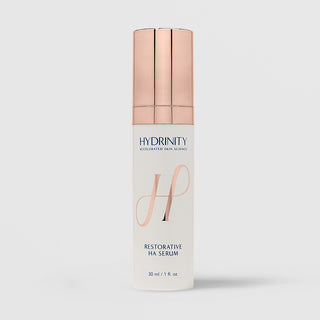 Hydrinity Restorative HA Serum 1 fl oz (30ml) - white frosted bottle with rose gold pump cap