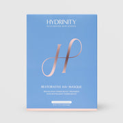 Hydrinity Restorative HA+ Masque Revitalizing Power Boost Treatment - blue and rose gold box containing 5 single-use biocellulose masques 1 fl oz each