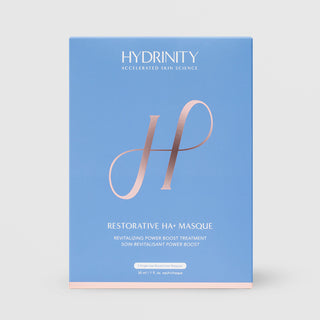 Hydrinity Restorative HA+ Masque Revitalizing Power Boost Treatment - blue and rose gold box containing 5 single-use biocellulose masques 1 fl oz each