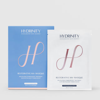 Hydrinity Restorative HA+ Masque - blue 5-pack box with single white individual biocellulose masque packet shown side by side