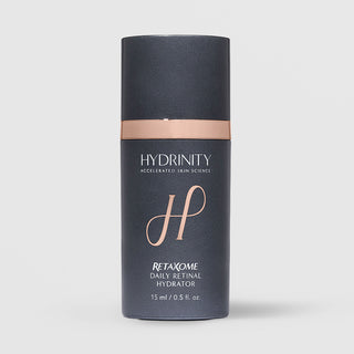 Hydrinity RetaXome Daily Retinal Hydrator 0.5 fl oz (15ml) - charcoal gray cylinder with rose gold band and pump cap
