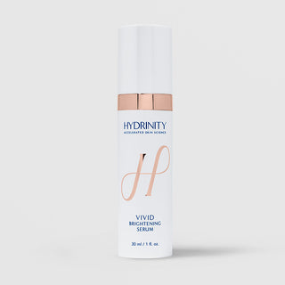 Hydrinity Vivid Brightening Serum 1 fl oz (30ml) - tall white bottle with rose gold band and white pump cap