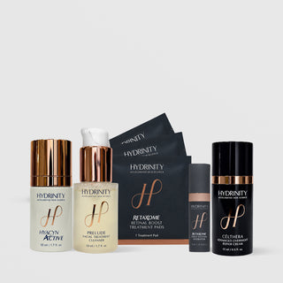 Hydrinity Wrapped in Radiance set: Hyacyn Active, Prelude Cleanser, Retaxome pads and hydrator, Célthera Repair Cream