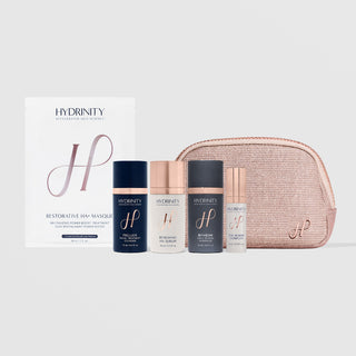 Hydrinity Mother's Day Gift Set – Restorative HA+ Masque, Prelude Facial Cleanser, Renewing HA Serum, Retaxome Daily Retinal Hydrator, Eye Renew Complex, and Rose Gold Cosmetic Bag – Available at Art of Skin Care