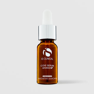 iS Clinical C Eye Serum Advance+ amber glass dropper bottle with silver and white dropper cap, cosmeceuticals innovative skincare