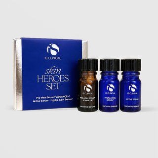 iS Clinical Skin Heroes Set gift box with Pro-Heal Serum Advance+, Hydra-Cool Serum and Active Serum mini bottles