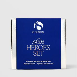 iS Clinical Skin Heroes Set blue and silver gift box featuring Pro-Heal Serum Advance+, Active Serum, Hydra-Cool Serum