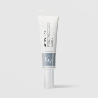 KrX Aesthetics Active-31 Revitalizing Eye Cream 15ml white tube with silver band and precision tip nozzle for targeted eye area application