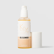 KrX Aesthetics Glow Gel Cleanser 100ml clear pump bottle without cap showing amber gel formula for all skin types clarifying balancing and clearing