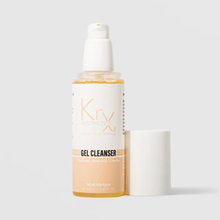 KrX Aesthetics Glow Gel Cleanser 100ml clear pump bottle without cap showing amber gel formula for all skin types clarifying balancing and clearing