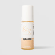 KrX Aesthetics Glow Gel Cleanser 100ml clear pump bottle with cap showing amber gel formula for all skin types clarifying balancing and clearing