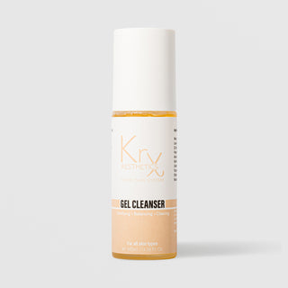 KrX Aesthetics Glow Gel Cleanser 100ml clear pump bottle with cap showing amber gel formula for all skin types clarifying balancing and clearing