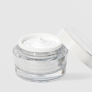 KrX Aesthetics The Neck Lift Intensive Firming Cream 50ml open crystal jar showing white cream texture with absorbable micro collagen thread fibers
