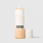 KrX Aesthetics Quenching Glow Toner 150ml clear bottle without cap showing amber toner formula for all skin types glowing nourishing and clearing