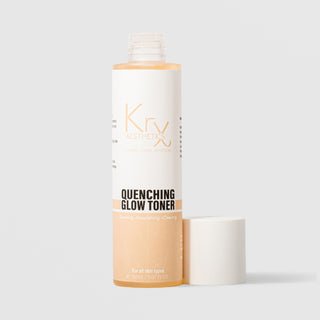 KrX Aesthetics Quenching Glow Toner 150ml clear bottle without cap showing amber toner formula for all skin types glowing nourishing and clearing