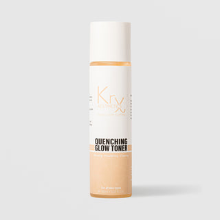 KrX Aesthetics Quenching Glow Toner 150ml clear bottle with cap showing amber toner formula for all skin types glowing nourishing and clearing