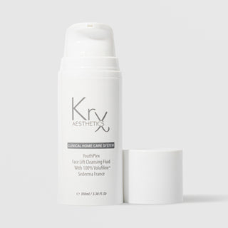 KrX Aesthetics YouthPlex Face Lift Cleansing Fluid 100ml white airless pump bottle without cap clinical home care system with 100% Volufiline by Sederma France