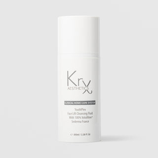 KrX Aesthetics YouthPlex Face Lift Cleansing Fluid 100ml white airless pump bottle with cap clinical home care system with 100% Volufiline by Sederma France