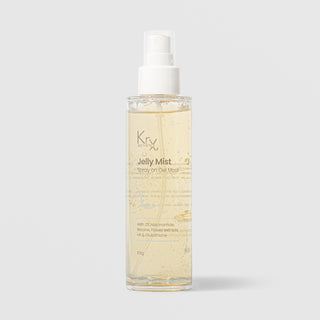 KrX Aesthetics Jelly Mist Spray On Gel Mask 105g clear spray bottle showing golden gel formula with 2% niacinamide, betaine, flower extracts, hyaluronic acid, and glutathione
