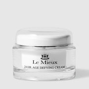 Le Mieux 24 Hr Age Defying Cream facial moisturizer in clear glass jar with silver and white lid. Available at Art of Skin Care