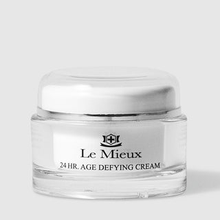 Le Mieux 24 Hr Age Defying Cream facial moisturizer in clear glass jar with silver and white lid. Available at Art of Skin Care