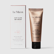Le Mieux Just Glow BB Cream Light Ivory Broad Spectrum SPF 50 UVA UVB protection 1.7 fl oz 50 ml champagne gold metallic tube shown with white retail box. Full coverage mineral-based sunscreen dermatologist tested. Available at Art of Skin Care