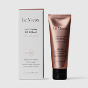 Le Mieux Just Glow BB Cream Natural Beige Broad Spectrum SPF 50 UVA UVB protection 1.7 fl oz 50 ml rose gold metallic tube shown with white retail box. Full coverage mineral-based sunscreen dermatologist tested. Available at Art of Skin Care