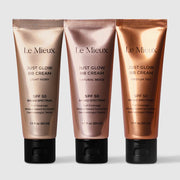 Le Mieux Just Glow BB Cream Broad Spectrum SPF 50 shown in all three shades Light Ivory Natural Beige and Medium Tan. Full coverage mineral-based sunscreen dermatologist tested 1.7 fl oz 50 ml. Available at Art of Skin Care