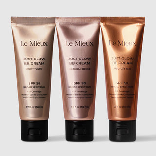 Le Mieux Just Glow BB Cream Broad Spectrum SPF 50 shown in all three shades Light Ivory Natural Beige and Medium Tan. Full coverage mineral-based sunscreen dermatologist tested 1.7 fl oz 50 ml. Available at Art of Skin Care
