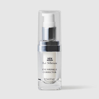 Le Mieux Eye Wrinkle Corrector eye cream 0.5 oz 15 ml clear square bottle with silver pump dispenser and clear protective cap. Available at Art of Skin 
