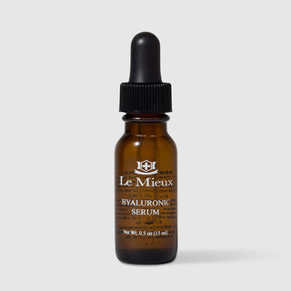 Le Mieux Hyaluronic Serum hydrating facial serum travel size 0.5 oz 15 ml amber glass dropper bottle with black rubber bulb. Available at Art of Skin Care