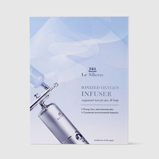 Le Mieux Ionized Oxygen Infuser retail box showing oxygenated mist device for face and body. Benefits include plump firm and volumize skin and counteract environmental stressors. Suitable for all skin types. Available at Art of Skin Care