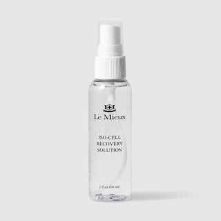 Le Mieux Iso-Cell Recovery Solution nourishing facial mist travel size 2 fl oz 60 ml clear spray bottle with white mist sprayer. Available at Art of Skin Care