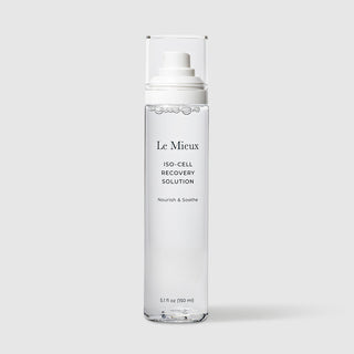 Le Mieux Iso-Cell Recovery Solution nourish and soothe facial toner 5.1 fl oz 150 ml tall clear bottle with white pump dispenser and clear protective cap. Available at Art of Skin Care