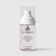 Le Mieux Iso-Rose Hydrating Mist facial mist travel size 2 oz 60 ml clear bottle with soft pink-tinted formula white pump dispenser and clear protective cap. Available at Art of Skin Care