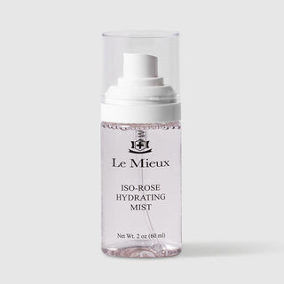 Le Mieux Iso-Rose Hydrating Mist facial mist travel size 2 oz 60 ml clear bottle with soft pink-tinted formula white pump dispenser and clear protective cap. Available at Art of Skin Care