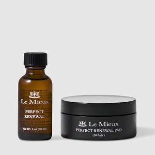 Le Mieux Perfect Renewal Pad exfoliating system including 1 oz 30 ml Perfect Renewal amber glass bottle with black cap alongside black jar containing 30 Perfect Renewal Pads. Available at Art of Skin Care