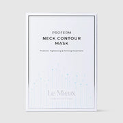 Le Mieux Proferm Neck Contour Mask probiotic tightening and firming neck treatment white retail box containing 4 masks 0.34 fl oz 10 ml each with blue botanical graphic design. Available at Art of Skin Care
