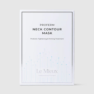 Le Mieux Proferm Neck Contour Mask probiotic tightening and firming neck treatment white retail box containing 4 masks 0.34 fl oz 10 ml each with blue botanical graphic design. Available at Art of Skin Care