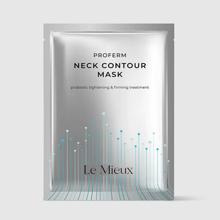 Le Mieux Proferm Neck Contour Mask probiotic tightening and firming neck treatment single-use silver foil packet with teal botanical graphic design. Available at Art of Skin Care