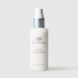 Le Mieux Sheer Hydration lightweight facial moisturizer 2.5 oz 75 ml white pump bottle with silver and white pump dispenser. Available at Art of Skin Care