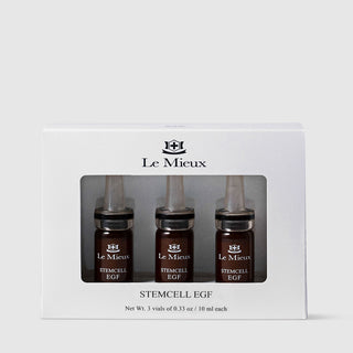 Le Mieux Stemcell EGF stem cell epidermal growth factor facial serum set of 3 amber glass vials 0.33 oz 10 ml each in white windowed gift box. Available at Art of Skin Care