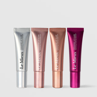 Le Mieux Ceramide Lip Glaze all 4 shades in metallic tubes: Clear, Peony, Persimmon, and Mulberry