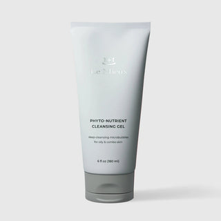 Le Mieux Phyto-Nutrient Cleansing Gel 6 oz tube for oily and combo skin with deep-cleansing microbubbles on grey background.