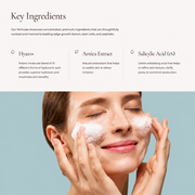 Le Mieux Exfoliating Cleansing Gel key ingredients infographic: Hya10+ hyaluronic acid blend, Arnica Extract, and Salicylic Acid 1% for hydration, soothing, and pore refinement.