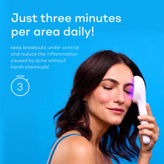 Lightstim for acne being used by woman, text showing that you just use it for three minutes per area daily.