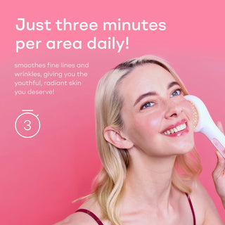 Model holding the Lightstim for Wrinkles with text about the three minutes useage per day